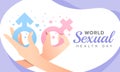 World Sexual health day with hand man hold blue male sign and hand woman hold pink female sign vector design