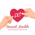 World Sexual Health Day poster concept design. Man woman couple hand holding male female gender sex symbol on heart shape paper Royalty Free Stock Photo