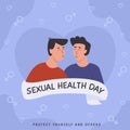 World Sexual Health Day Square Card. Homosexual gay couple in love. Sex education. Contraceptive methods. Safe sexual