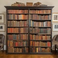 A World Within Shelves,Antique Bookshelf Filled with Leather-bound Books