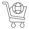 World shopping cart thin line icon. Global market cart with planet sign. Commerce vector design concept, outline style Royalty Free Stock Photo