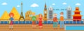 World sights from cruise liner deck vector illustration. Sea cruise traveling people men, women, couples visiting