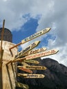 World signs in a pole in Dolomiti mountains