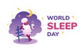 World Sleep Day banner, postcard with resting dream sheep and text. Vector illustration for international holiday.