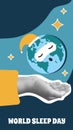 World sleep day banner for story. Earth with hand collage card. Planet retro vertical poster. Vector illustration