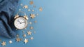 World Sleep day observed on March. Golden stars and alarm clock on blue background with copy space. Relaxation concept Royalty Free Stock Photo