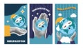 World sleep day vertical banner set. Earth with hand collage cards for social media. Planet retro poster. Template for holiday