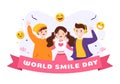 World Smile Day Hand Drawn Cartoon Illustration with Smiling Youth and Happiness Face in Flat Style Background