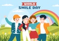 World Smile Day Hand Drawn Cartoon Illustration with Smiling Youth and Happiness Face in Flat Style Background