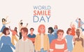 World smile day vector flat banner template with text space. Group of happy people of different ethnicity. Royalty Free Stock Photo