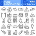 World snowboard day line icon set, Winter sports symbols collection or sketches. Snowboarding linear style signs for web Royalty Free Stock Photo