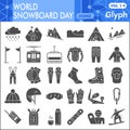 World snowboard day solid icon set, Winter sports symbols collection or sketches. Snowboarding glyph style signs for web Royalty Free Stock Photo