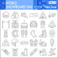 World snowboard day thin line icon set, Winter sports symbols collection or sketches. Snowboarding linear style signs Royalty Free Stock Photo