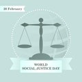 World Social Justice Day, lawyer scales and ribbon or law service logo, emblem, attorney at law sign