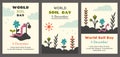 World soil day. Set of environmental protection flyers, posters. Colorful cartoon plants, flowers, cute pink earthworm crawling in