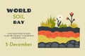 World soil day. Various ground cross layers. Natural soil, sand, stony soil, clay, underground, plants, flowers. Environment