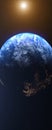 World on space, rising Sun over Planet Earth. Vertical banner resolution. Realistic Planet Earth 3D rendering Royalty Free Stock Photo