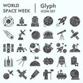 World space week solid icon set, outer space set symbols collection, vector sketches, logo illustrations, web signs Royalty Free Stock Photo