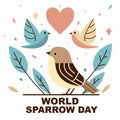 World Sparrow Day. Cute hand drawn birds in doodle style. Vector