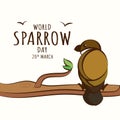 World Sparrow Day 20th March poster, bird sitting on tree branch cartoon illustration vector Royalty Free Stock Photo