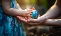 World sphere in child hands. Small globe holding in hands. generative ai Royalty Free Stock Photo