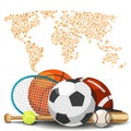 World sport deportes concept. Sports equipment with map background