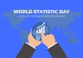 World statistic day background with hand hold world earth map on blue background