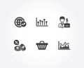 World statistics, Businessman case and Growth chart icons. Currency exchange, Shop cart and Investment signs.