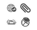 World statistics, Paper clip and Car icons. Pie chart sign. Global report, Attach paperclip, Transport. Vector Royalty Free Stock Photo