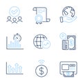 World statistics, Report timer and Upper arrows icons set. Contactless payment, Atm and Parking payment signs. Vector