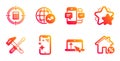 World statistics, Star and Hammer tool icons set. Calculator target, Smartphone sms and Smartphone clean signs. Vector