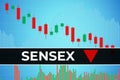 World stock market index BSE Sensex ticker BSESN on blue financial background from graphs, pillars, candles, arrow. Trend Down, Royalty Free Stock Photo