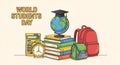 World Students Day Illustration with Books Globe Backpacks and Calculator Royalty Free Stock Photo