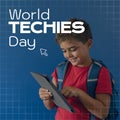 World techies day text over happy caucasian schoolboy using tablet, on blue