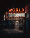 The World Theatre vintage sign at night, Kearney, Nebraska