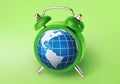 World time concept. Alarm clock with planet Earth in place of hourplate on green background, collage Royalty Free Stock Photo