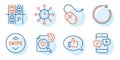World time, Feedback and Swipe up icons set. Parking place, Synchronize and Phone survey signs. Vector