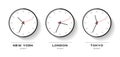 World time. Simple Clock icons in flat style. New York, London, Tokyo. Watch on white background. Business illustration for you pr