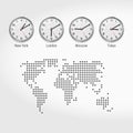 World Time Zones Clocks. Current Time in Famous Cities. Local Time Around the World. Dotted Map of the World. Vector Art