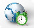 World timezones concept. Green alarm clock and world globe on white background, collage Royalty Free Stock Photo