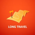 World tour concept logo, long route in travel map with guide marker