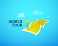 World tour concept logo, long route in travel map with guide marker