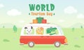 World tourism day. animal driving in the forest, Animal days of Summer time vacation journey.