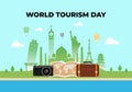 World tourism day background banner poster with camera, map, suitcase and tourist icon landmark on september 27 Royalty Free Stock Photo