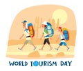 World Tourism Day. Dad, mom and son are hiking in the desert. Cartoon graphics