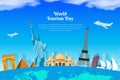 World tourism day design with famous landmarks in the world. Statue of Liberty, Eiffel Tower, Taj Mahal, pyramid