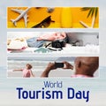 World tourism day text with travel items and senior biracial couple taking pictures on beach Royalty Free Stock Photo