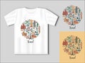 World tourist attractions. Flat icons in the shape of a circle. Travel concept with t-shirt mockup