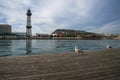 BARCELONA, SPAIN - MARCH 4, 2019: Seagulls standing on a pier in the port of Barcelona, Spain.