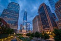 The World Trade Center and buildings along West Street at night, in Lower Manhattan, New York City